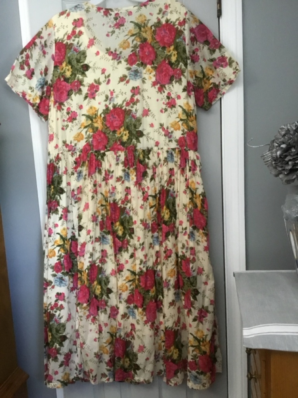Bohemian Vintage Cream Floral cotton Summer Dress Lined Pink Rose Print Large XL